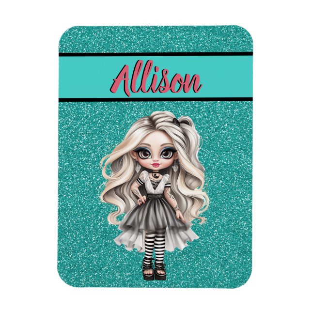 Cooler Fashion Girl Türkis Glitzer Personalisiert Magnet (Vertikal)
