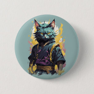 Cooler Feuer-Splash Grauer Ninja-Katzenkrieger Button