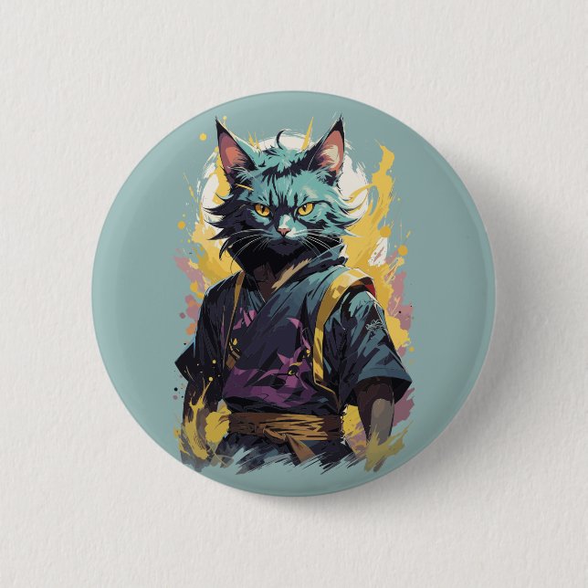 Cooler Feuerschlag Grau Ninja Katzenkämpfer Button (Vorderseite)