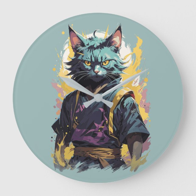 Cooler Feuerschlag Grau Ninja Katzenkämpfer Große Wanduhr (Vorderseite)