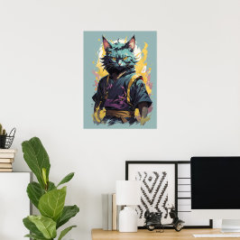 Cooler Feuerschlag Grau Ninja Katzenkämpfer Poster