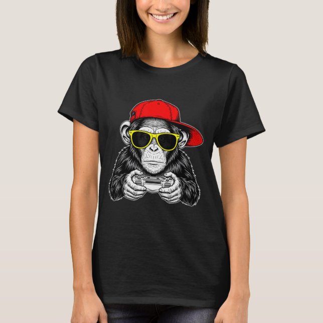 Cooler Gamer-Affe mit Controller Lustiges Gaming-V T-Shirt (Vorderseite)