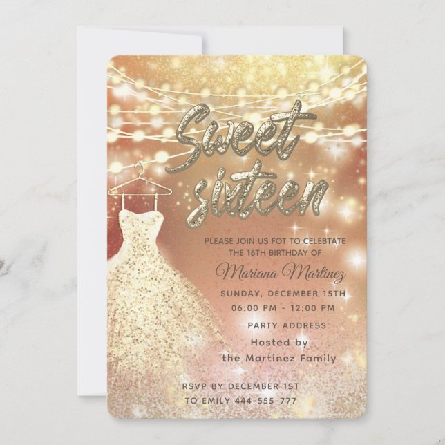 Cooler Glitzer Elegante String Lichter goldenes Fu Einladung (Vorderseite)