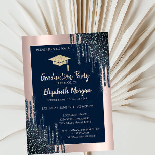 Cooler Glitzer Gradu Cap, Rose Gold Tropfen, Navy Einladung
