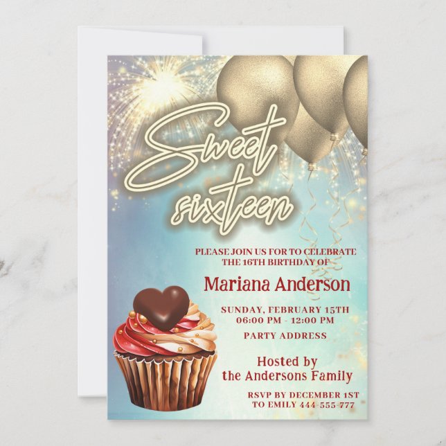 Cooler Goldballon Funkelfeuerwerk Kuchen Einladung (Vorderseite)