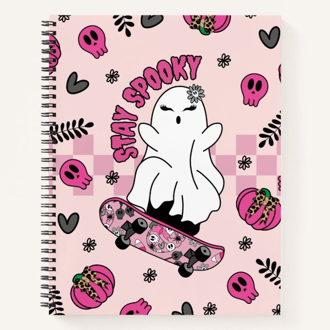 Cooler Halloween-Geist auf der Skateboard Rosa Notizbuch (Vorderseite)