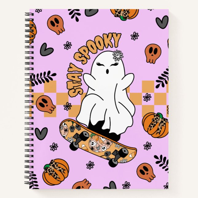 Cooler Halloween-Geist auf Skateboard Orange Notizbuch (Vorderseite)