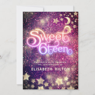 Cooler Himmelsmond und Sternentypografie süß 16 Einladung