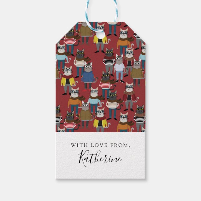Cooler Hipster Cat Pattern | Name hinzufügen Geschenkanhänger (Vorderseite)