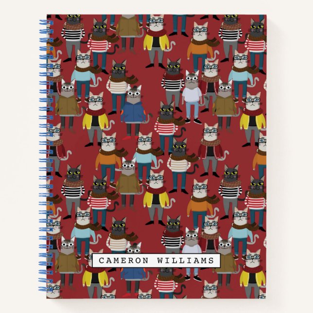 Cooler Hipster Cat Pattern | Name hinzufügen Notizbuch (Vorderseite)
