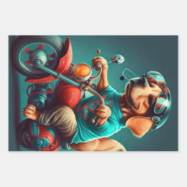 Cooler Hund, der eine Motorradgeschenktasche fährt Geschenkpapier Set