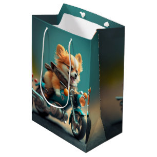 Cooler Hund, der eine Motorradgeschenktasche fährt Mittlere Geschenktüte