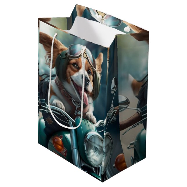 Cooler Hund, der eine Motorradgeschenktasche fährt Mittlere Geschenktüte (Vorderseite Schrägansicht)