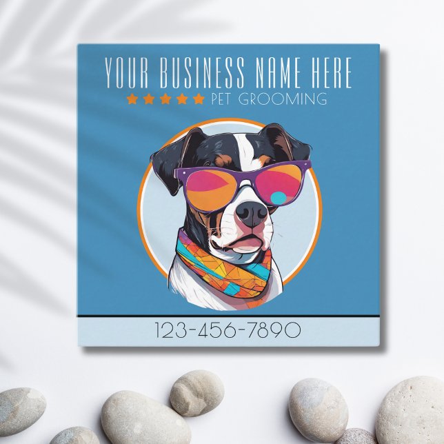 Cooler Hund Grooming Trend und stilvolle Loyalität Quadratische Visitenkarte (A business card with some attitude. Cool dog with sunglasses shows your grooming business has style.)