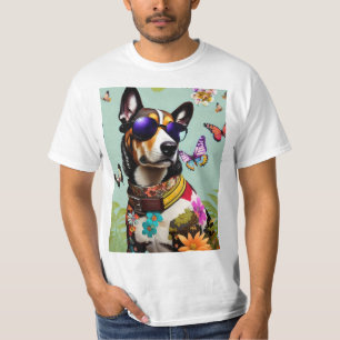 Cooler Hund in Sonnenbrille mit Blumen und Schmett T-Shirt