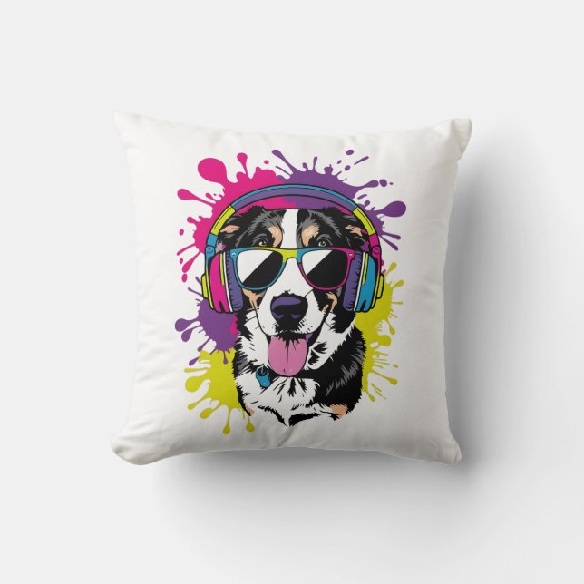 Cooler Hund mit Kopfhörern Pop Art Design Kissen (Vorderseite)