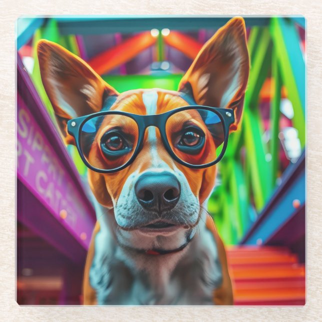 Cooler Hund mit Sonnenbrille Glasuntersetzer (Vorderseite)