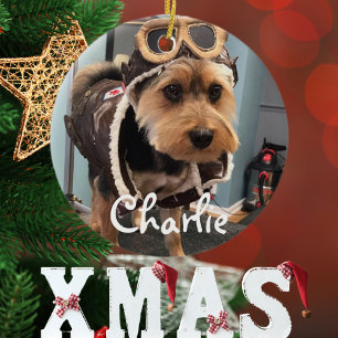 Cooler Hund Pilot Foto, Frohe Weihnachten, Persona Keramik Ornament