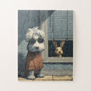 Cooler Hund und neugieriges Jigsaw Puzzle
