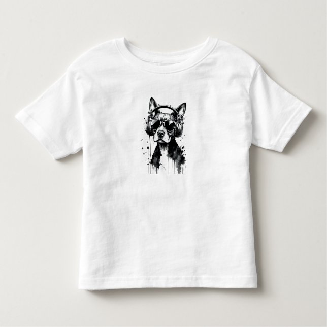 Cooler Hundekopfhörer Niedlich Haustiere Schwarzwe Kleinkind T-shirt (Vorderseite)