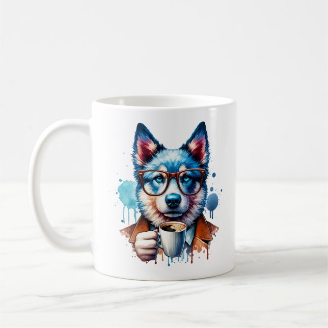 Cooler Husky mit Kaffee - Hipster Hunde Kunst Tass Kaffeetasse (Links)