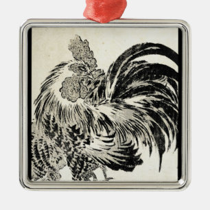 Cooler japanischer Vintage-Ukiyo-e-Tinte Hahn Huhn Silbernes Ornament