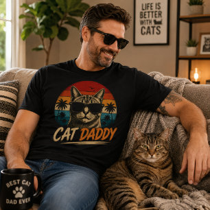 Cooler Katzenpapa Retro-Sonnenuntergang Palme Vate T-Shirt