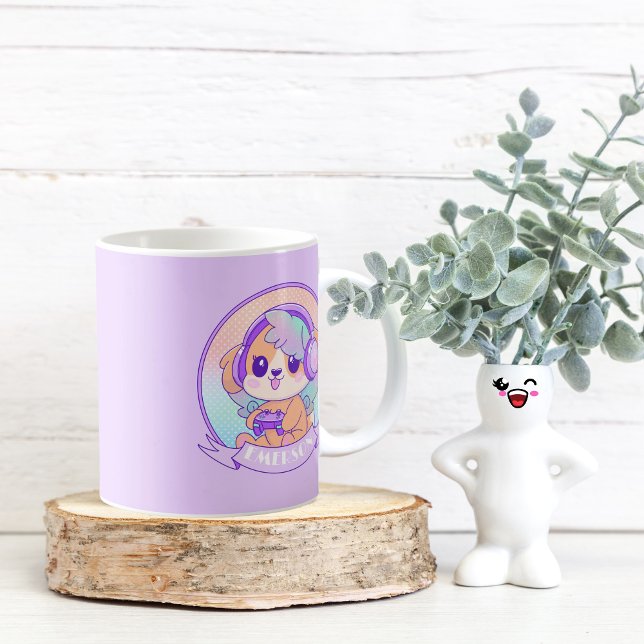Cooler Kawaii Gamer Girl Dog Lila mit Name Kaffeetasse (Von Creator hochgeladen)
