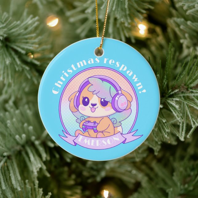 Cooler Kawaii Weihnachts-Gamer-Girl-Hund in Blauer Keramik Ornament (Baum)