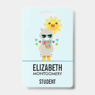 Cooler Lama und lächelnde Kawaii-Sonne Ausweis