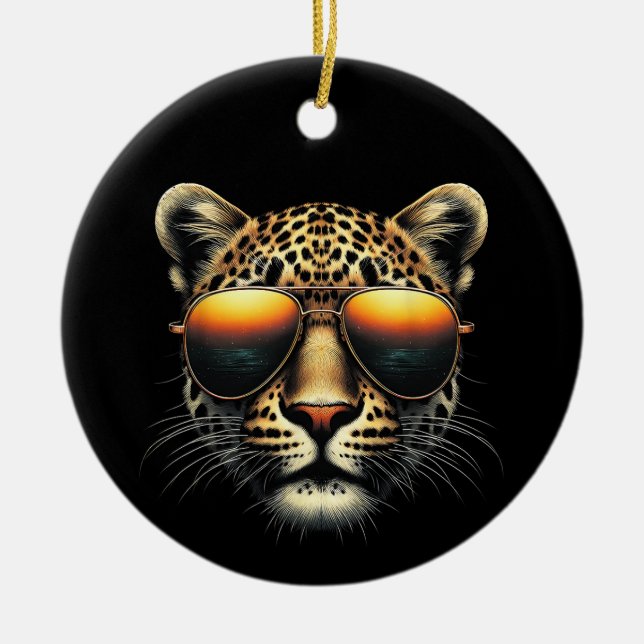 Cooler Leopard mit Sonnenbrille Stylischer Leopard Keramik Ornament (Vorne)