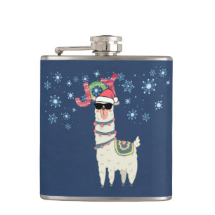 Cooler Llama in Weihnachtsmannmütze mit Schneefloc Flachmann