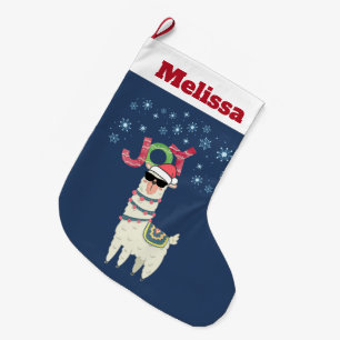 Cooler Llama in Weihnachtsmannmütze mit Schneefloc Großer Weihnachtsstrumpf