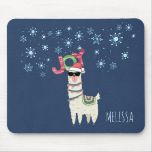 Cooler Llama in Weihnachtsmannmütze mit Schneefloc Mousepad