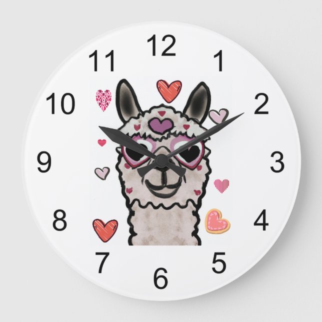 Cooler Llama mit Herzbrille Große Wanduhr (Vorderseite)