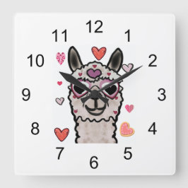 Cooler Llama mit Herzbrille Quadratische Wanduhr