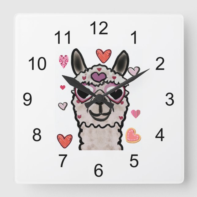 Cooler Llama mit Herzbrille Quadratische Wanduhr (Vorderseite)
