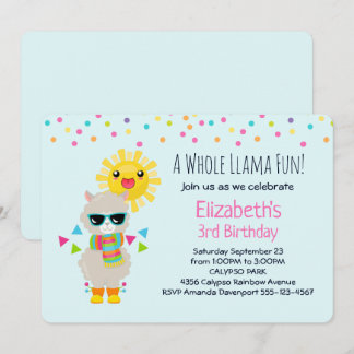 Cooler Llama und lächelnd Kawaii Sun Geburtstag Einladung