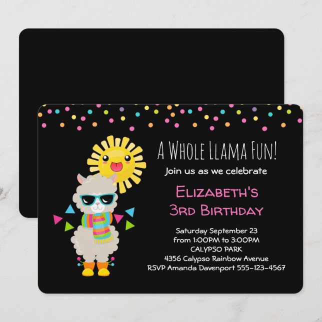 Cooler Llama und lächelnd Kawaii Sun Geburtstag Einladung (Vorne/Hinten)