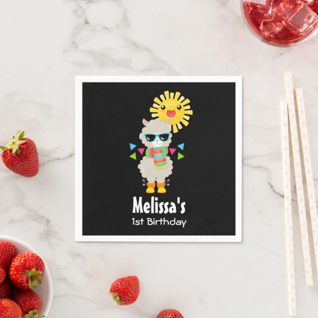 Cooler Llama und lächelnd Kawaii Sun Geburtstag Serviette (Beispiel)