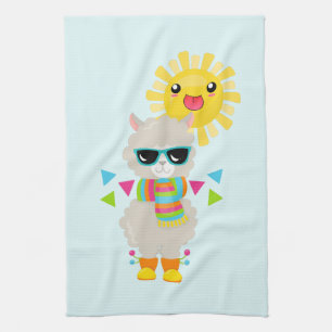 Cooler Llama und lächelnde Kawaii Sun Geschirrtuch