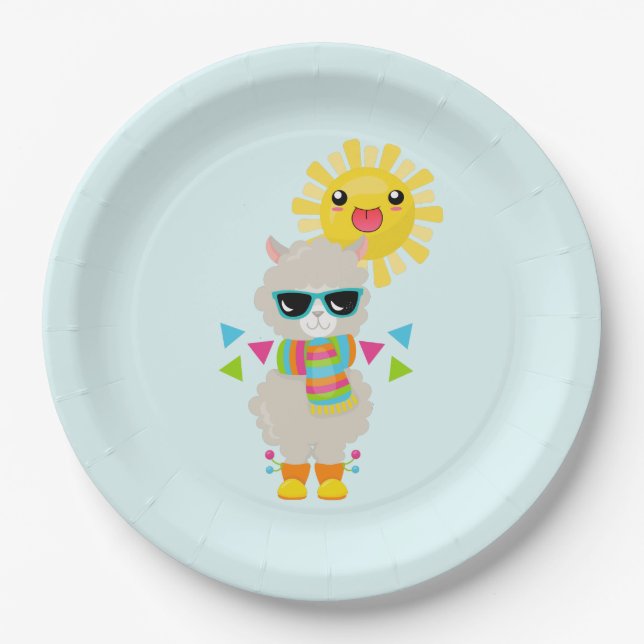 Cooler Llama und lächelnde Kawaii Sun Pappteller (Vorderseite)