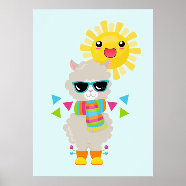 Cooler Llama und lächelnde Kawaii Sun Poster (Vorne)