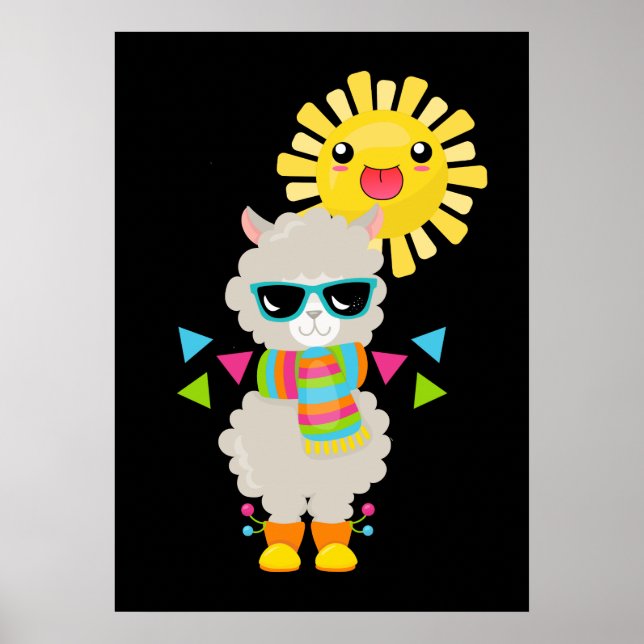 Cooler Llama und lächelnde Kawaii Sun Poster (Vorne)