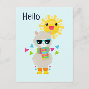 Cooler Llama und lächelnde Kawaii Sun Postkarte