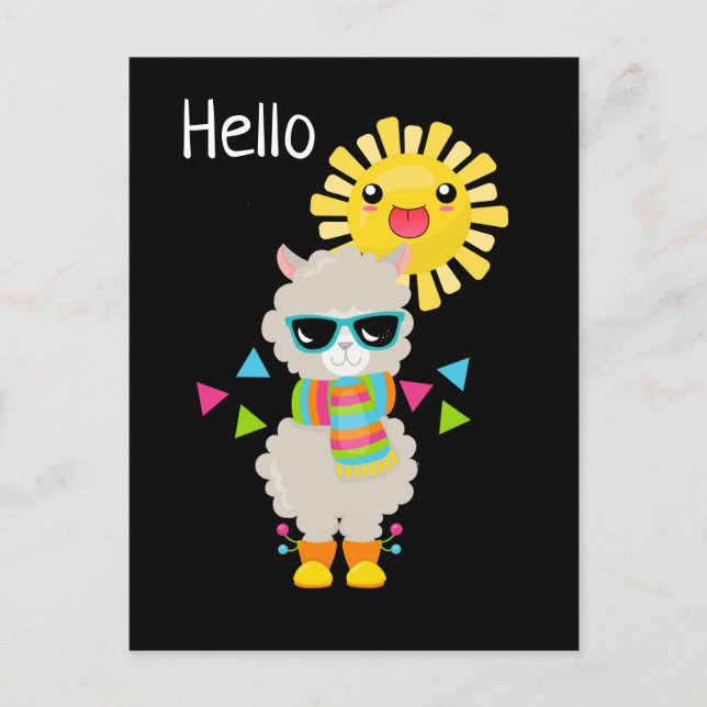 Cooler Llama und lächelnde Kawaii Sun Postkarte (Vorderseite)