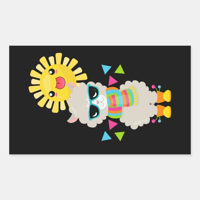 Cooler Llama und lächelnde Kawaii Sun Rechteckiger Aufkleber (Vorderseite)