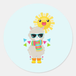 Cooler Llama und lächelnde Kawaii Sun Runder Aufkleber