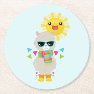 Cooler Llama und lächelnde Kawaii Sun Runder Pappuntersetzer