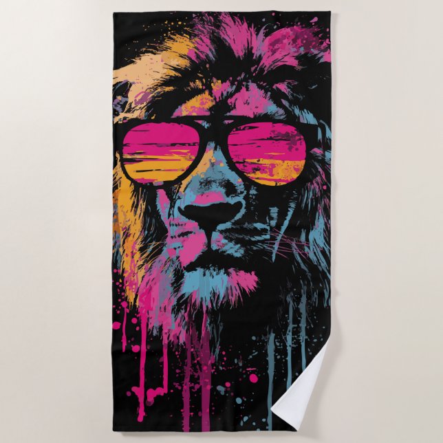 Cooler Löwe mit Sonnenbrille Neon Pop Art Strandtuch (Vorderseite)